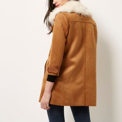 Brown faux fur collar coat